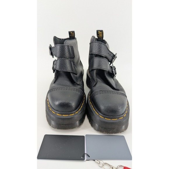 Dr. Martens Shoes - Dr. Martens Devon Flower Black Milled Nappa Leather Platform Buckle Boots 8L 6UK